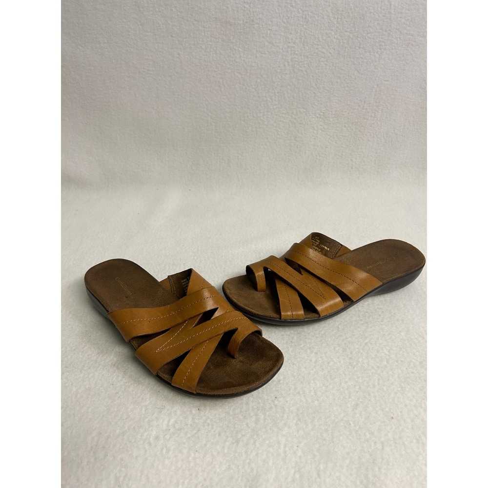 Boho Coastal Croft & Barrow Womens 7.5 Tan Leather Strappy Slide Sandals